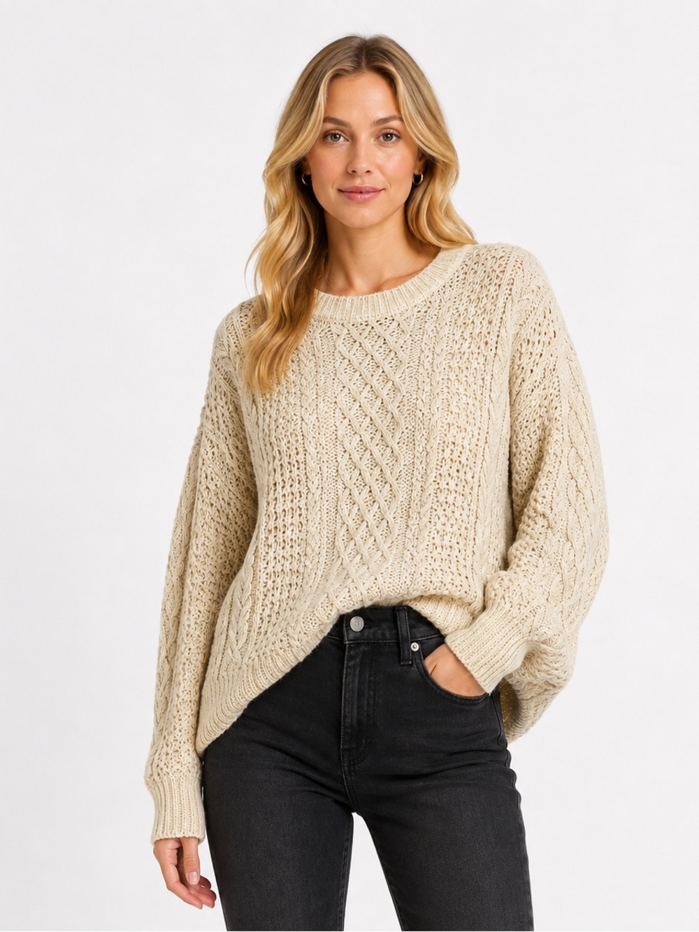 Vintage Cable Knit Oversized Sweater By Structure XL Cream Ramie & Cotton